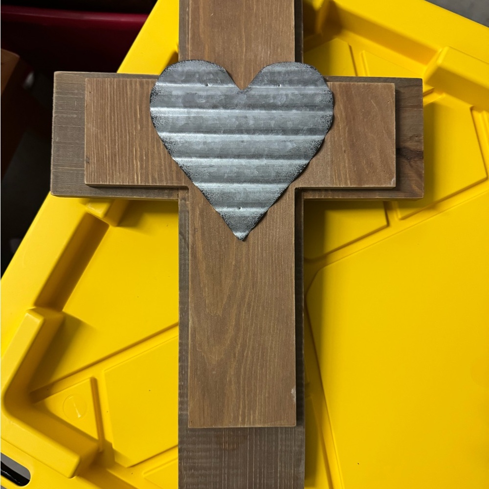Wooden Cross with Metal Heart